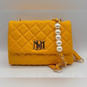 Badgley Mischka Quilted Yellow Crossbody Bag with Pearl and Chain Strap